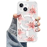 Aitipy Lily Phone Case for iPhone 13/14, Compatible with MagSafe, Cute Clear TPU Slim Shockproof Protective Phone Cover for Women Girls, Pink Lily