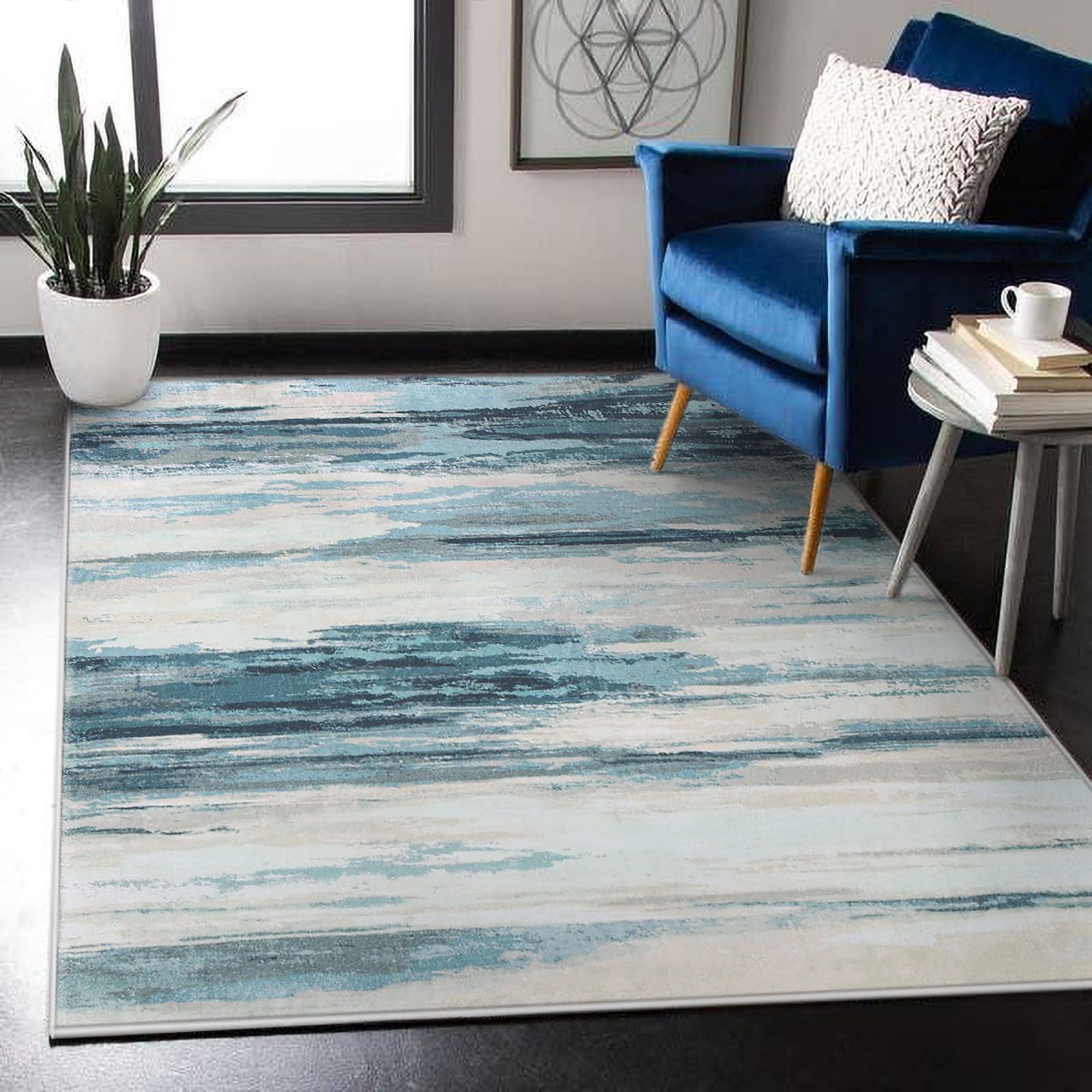 Tinyboy-hbq Rugs Living Room 120x160cm, Modern Soft Rug Bedroom Non Slip Short Pile Blue Large Abstract Area Rugs Carpet Home Decor