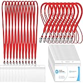 Marspark 100 Sets Clear Name Tags with Lanyard, Lanyards for ID Badges Reusable Strap with ID Holder Plastic Name Badges for Adults Business School Church Conference (Red)