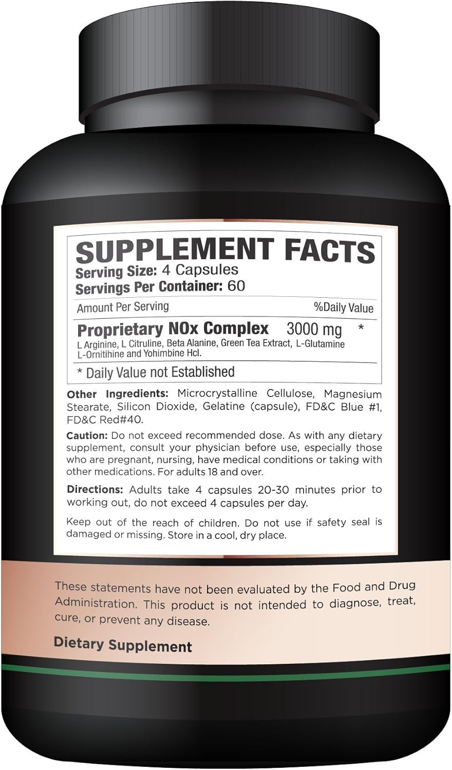 NutraFX Nitric Oxide Booster Supplement with L Arginine, L Citrulline, Beta Alanine and