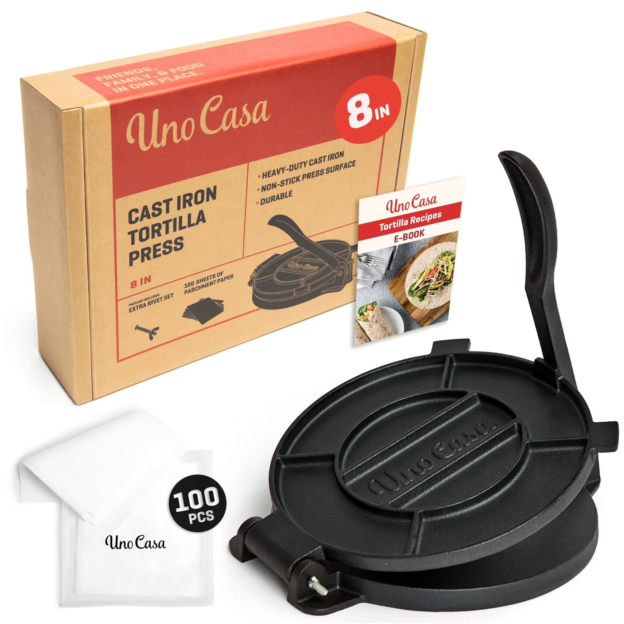Photo 1 of Uno Casa Cast Iron Tortilla Press 8 Inch - Tortilla Maker Press, Pre-Seasoned Roti Maker with 100 Pcs Parchment Paper, Heavy Duty Quesadilla Maker - Pataconera for Flour Tortilla, Tawa