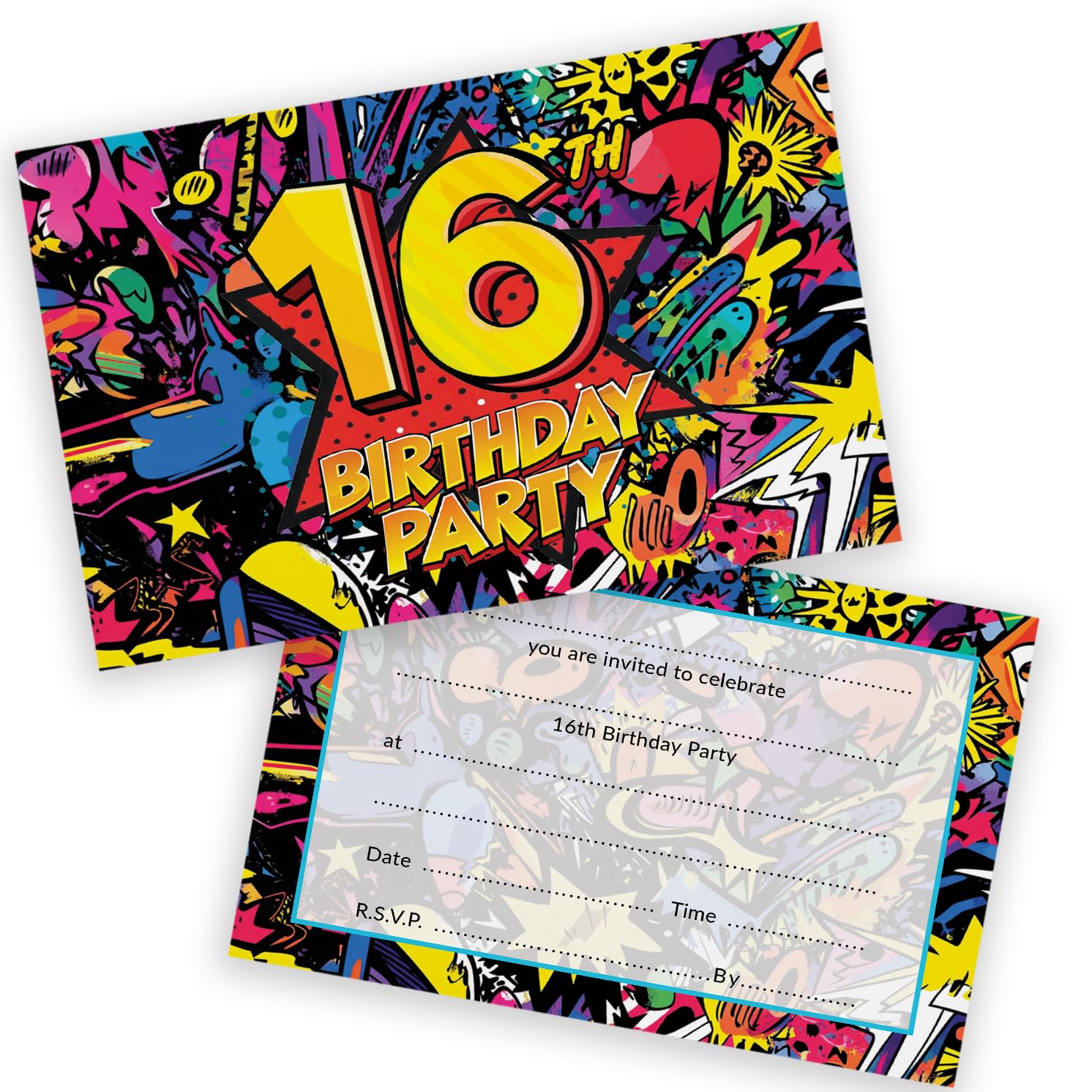 16th Birthday Party Invitations Kids - Comic Book Style 20 Pack - Childrens Birthday Invitations for Boys/Girls A6 Bday Party Invites Invitation Cards with Folding Envelopes