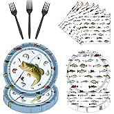 Gone Fishing Party Tableware Decorations - 96 Pcs Fishing Birthday Party Disposable Paper Tableware Supplies Plates Napkins Forks For Fish Theme Birthday Decoration Ofishally One Serves 24 Guests