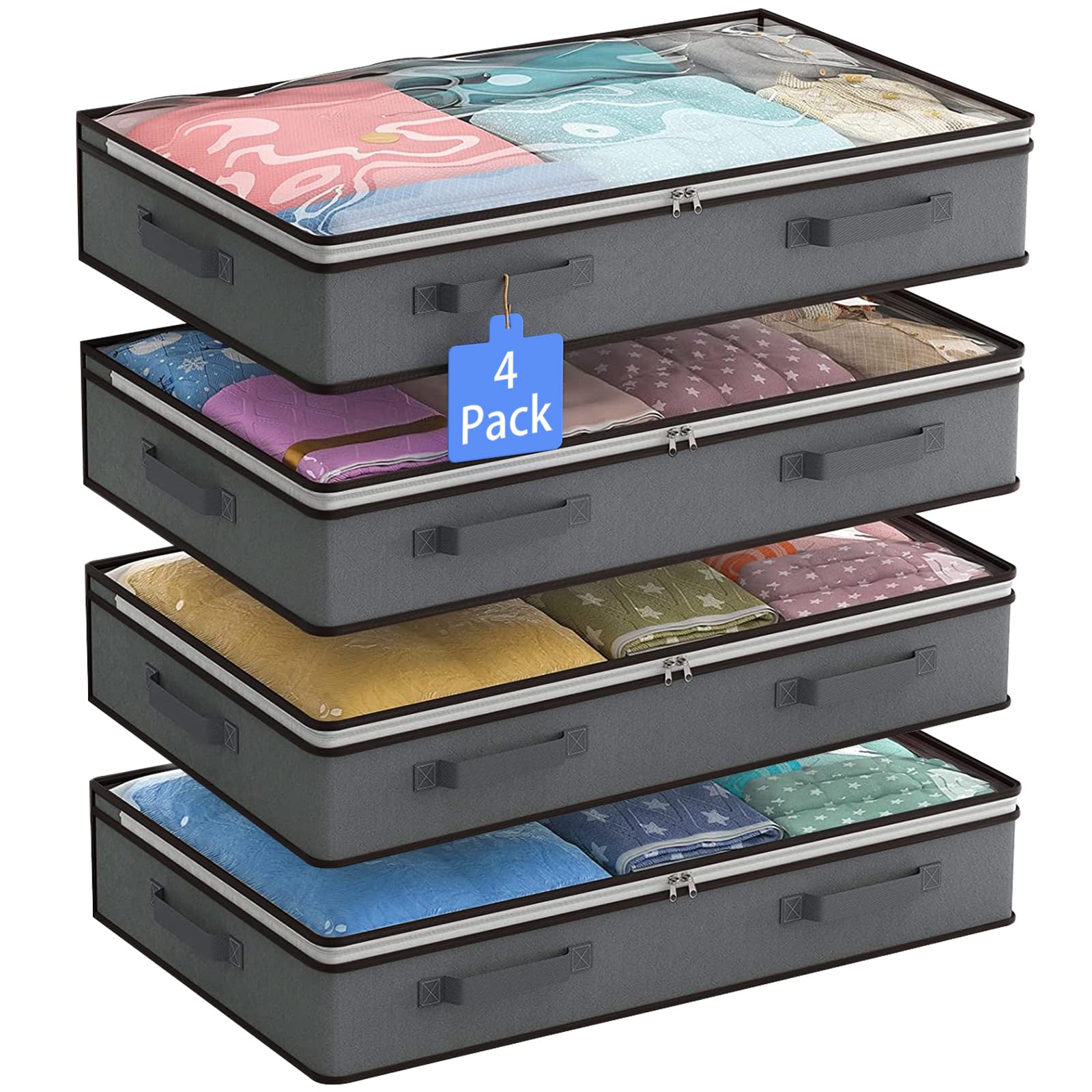 Flow fire Under Bed Storage Bag with Zip, 4 Pack 90L Large Capacity Under Bed Storage Box with Lid, Foldable Clear Underbed Storage Bags Organiser for Clothes Comforters Bedding
