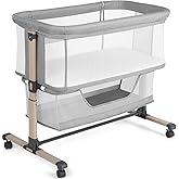 Cowiewie Bassinet Bedside Sleeper, Portable, Breathable, Adjustable Baby Bedside Bassinet for Peaceful Nights, Light Grey