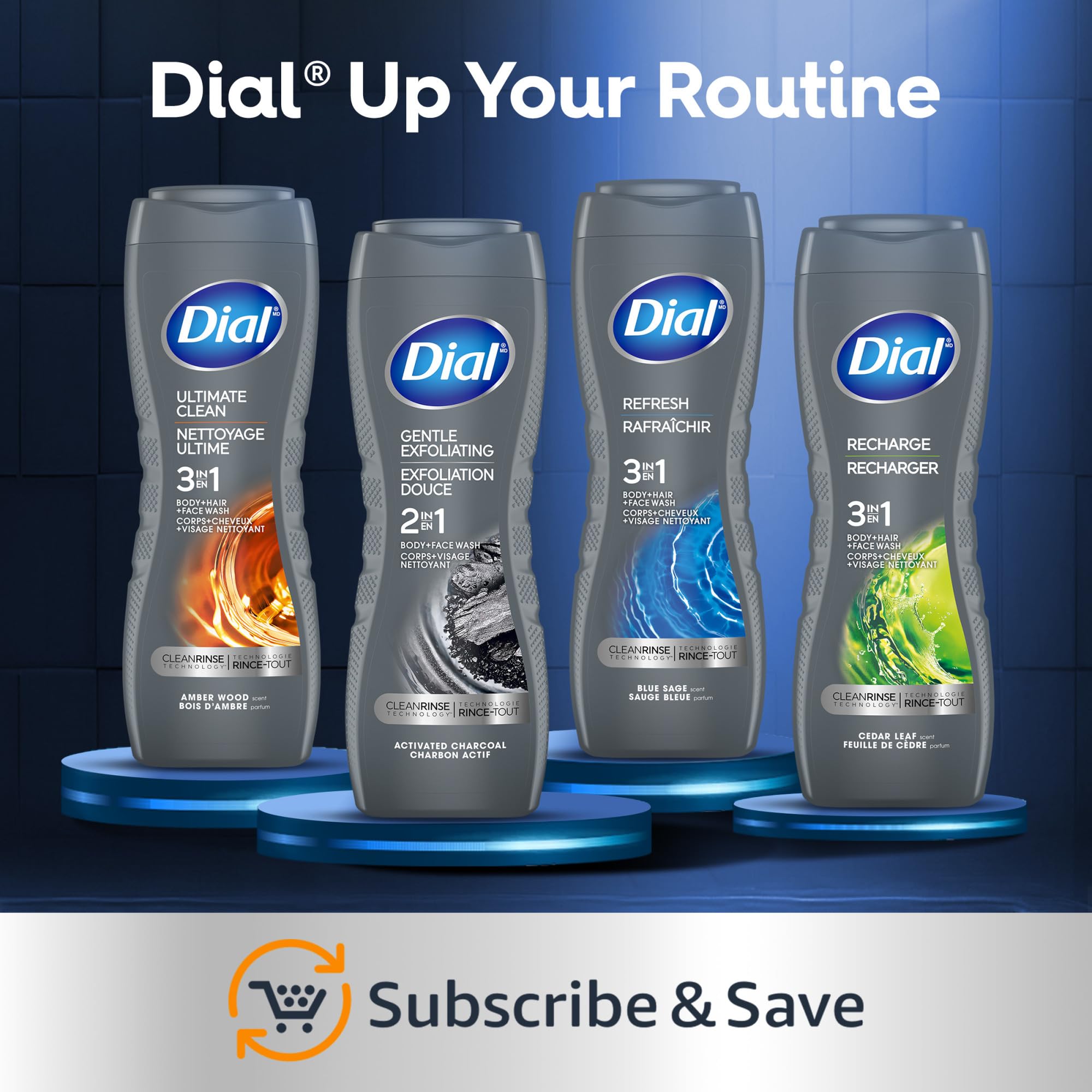 Dial Men 3in1 Body, Hair and Face Wash, Recharge, 69 fl oz (3-23 fl oz Bottles)