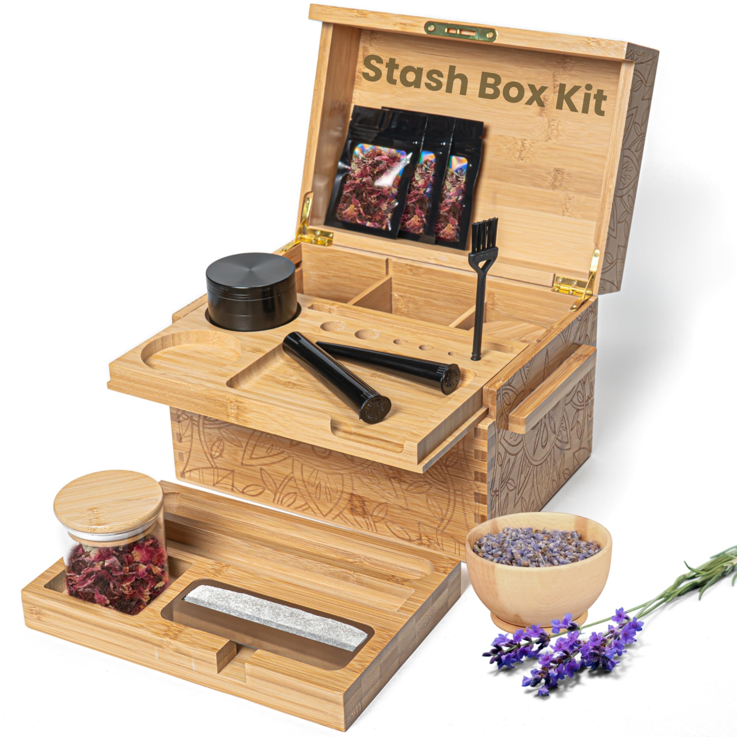 Photo 1 of Stash Box With Lock - Wooden Stashbox For Herbs With Accessories Set, Rolling Tray, Grinder, Smell Proof Glass Jar Combination, Large Bamboo Wood Storage Box Decorative Organizer Pot Stash Box Kit
