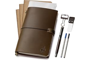 Wanderings A5 Travelers Notebook/Handcrafted Genuine Leather Journal - 6"x8.5"/15cmx22cm Refillable Travel Journal with Pen Holder, Pen, 2 Extra Ink Refills, PVC Folder, Binder Clip