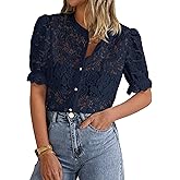 PRETTYGARDEN Womens 2026 Spring Lace Tops Short Puff Sleeve Casual Dressy Blouses Eyelet Crew Neck Button Down Shirts