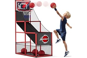 HYES Basketball Arcade Game Indoor Outdoor, Kids Basketball Hoop with 4 Balls & Pump, Single Shot Basketball Game at Home, Carnival Games Sport Toys for Boys Girls Teens