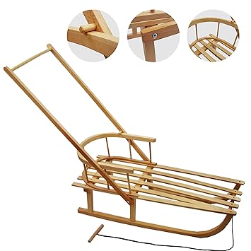 Babys-Dreams BAMBINIWELT Holzschlitten mit Rückenlehne + Zugleine + SCHIEBESTANGE - Kinderschlitten - Schlitten aus Holz