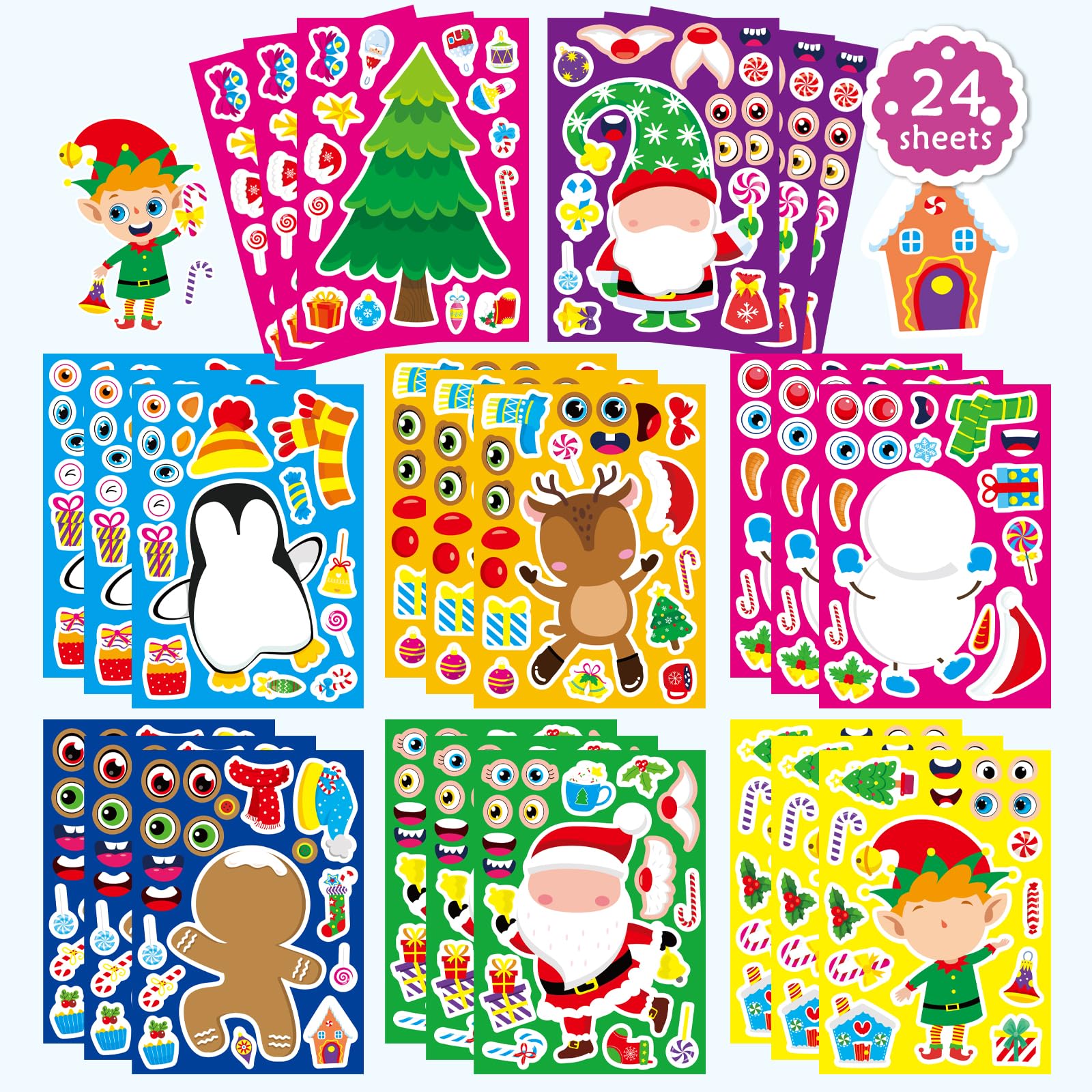 Photo 1 of 24 Sheets Christmas Stickers for Kids - Xmas Stocking Stuffers, Make-a-face Sticker, Make Your Own Stickers, Christmas Party Games Decorations, Winter Holiday Craft Supplies Xmas Gifts