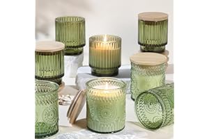 VERLENS 8 Pack Assorted Green Glass Candle Jars for Making Candles, Empty Candle Containers-7 Oz, Candle Vessels with Bamboo Lids & Warning Labels for Home, Centerpiece Table Decor