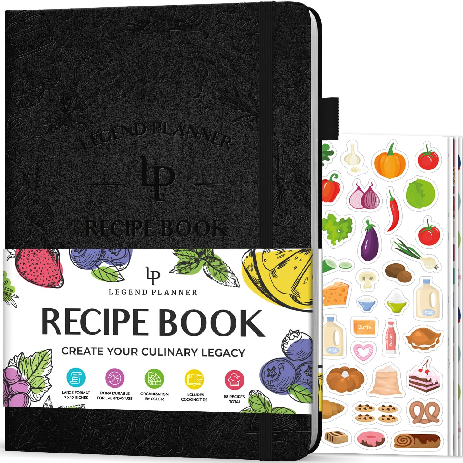 Legend Recipe Book – Blank Family Cookbook to Write In Your Own Recipes – Empty Cooking Journal – Personalized Cooking Notebook, Hardcover, Large 18x25.5cm Format, 58 Recipes Total - Black