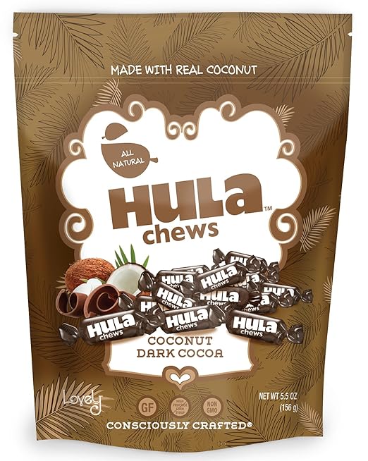 Dark Cocoa Coconut Hula Chews - Lovely Co. 5.5oz Bag - NON-GMO, Soy-Free, KOSHER & GLUTEN-FREE! Delicious cocoa chews with Coconut Flavored Center, made with REAL coconut!