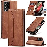 Jasonyu Flip Wallet Case for Samsung Galaxy S21 Ultra 5G,Leather Magnetic Folio Cover with Card Holder,Kickstand - TPU Shockproof Durable Protective Phone Case,Brown