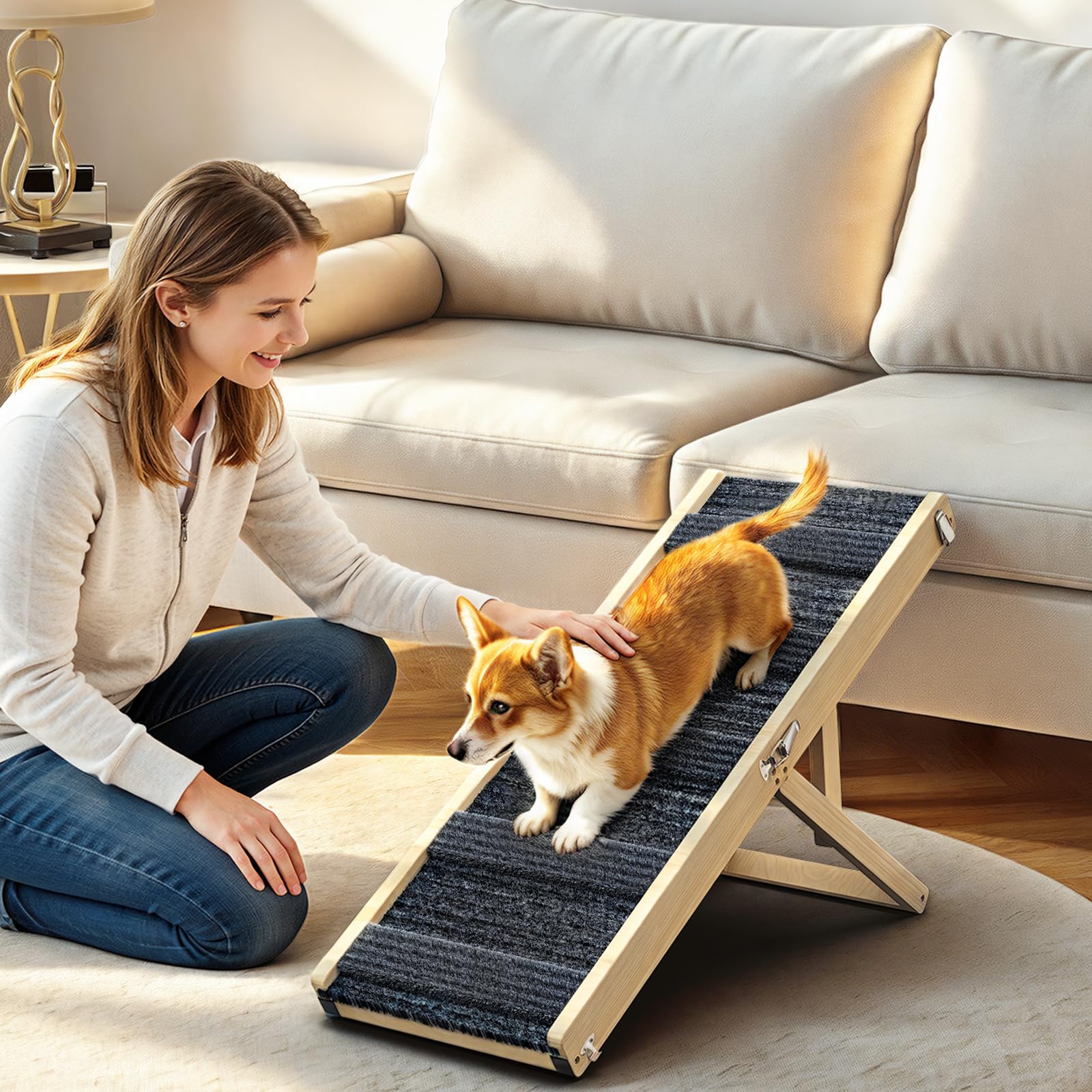 Photo 1 of Pawaboo Foldable Dog Ramp, Small Dog Ramp for Couch Low Bed, 4 Adjustable Height from 13'' to 21", Stable Pet Steps with Non-Slip Pad, Portable Pet Ramps Use for Couch Sofa Stairs, Wood