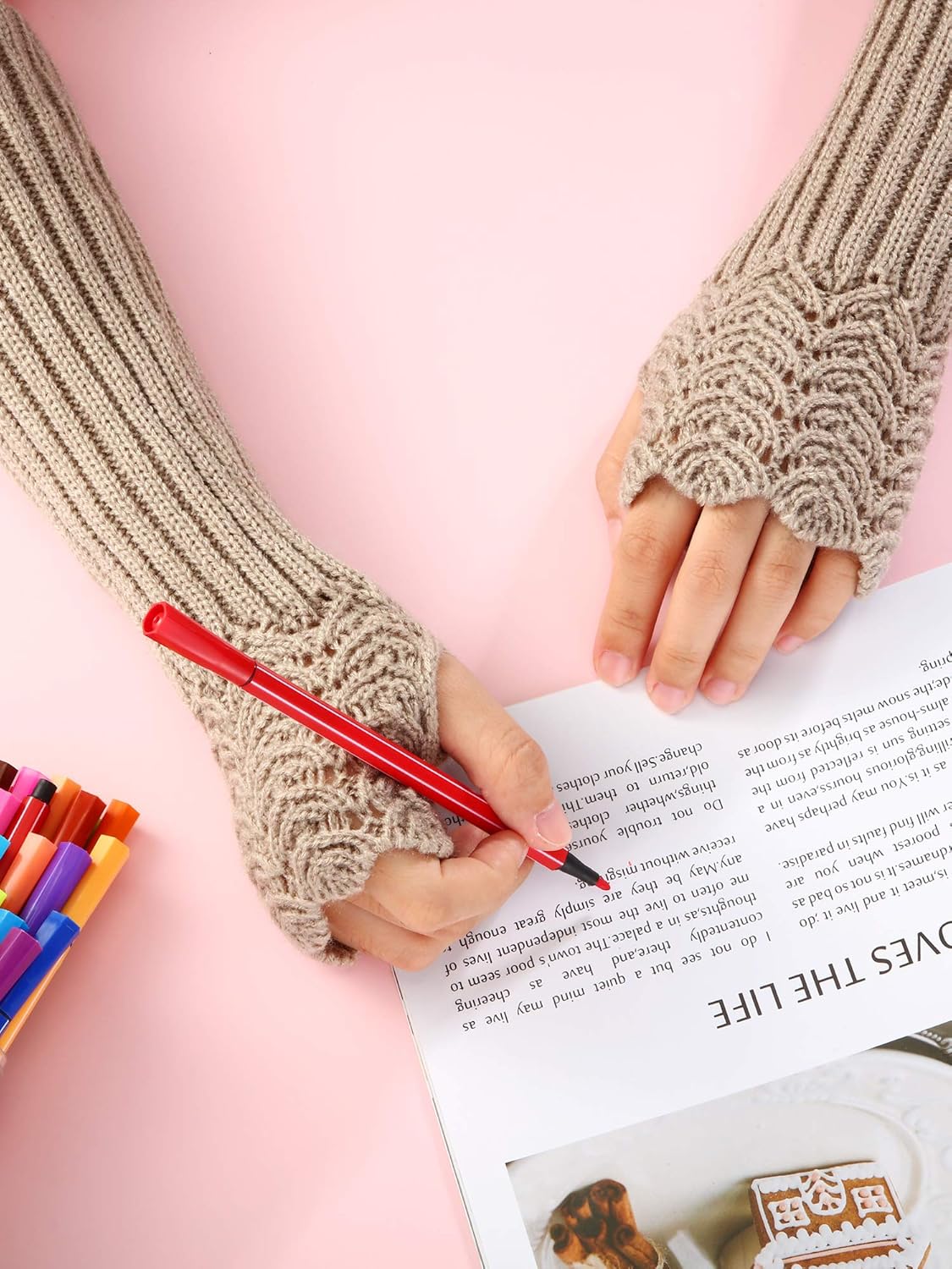 5 Pairs Knit Arm Warmer Fingerless Gloves Knitted Long Mitten Women Thumb Hole Gloves at  Women’s Clothing store