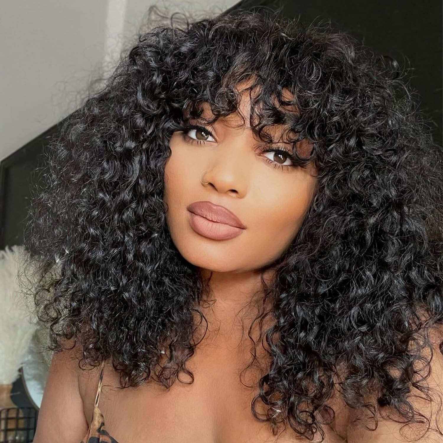 Human Hair Wig With Bangs 14 Inch Short Curly Wigs For Black Women Glueless Brazilian Real Curly Hair Wig Full Machine Made None Lace Front Kinky Curly Bob Wigs Human Hair