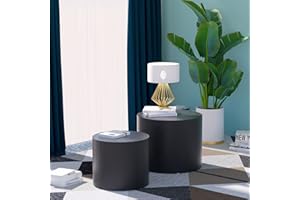 kevinplus Nesting Wood Side Table Set of 2, Round Circle Coffee Table for Small Space, End Table Bed Side Table for Living Room Bedroom Office, No Assembling (Matte Black - Round)