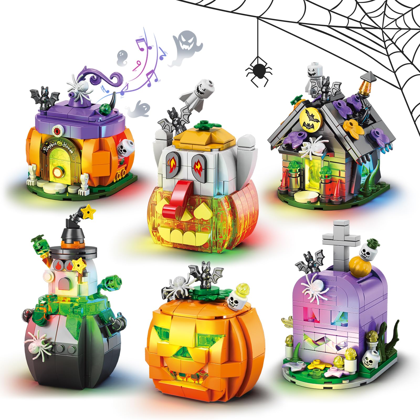 Photo 1 of Halloween Building Blocks Set - Haunted House, Pumpkin Carriage, Skull Head, 6 Models Compatible with Lego, Halloween Party Gift for Boys or Girls 6-12 Years Old
