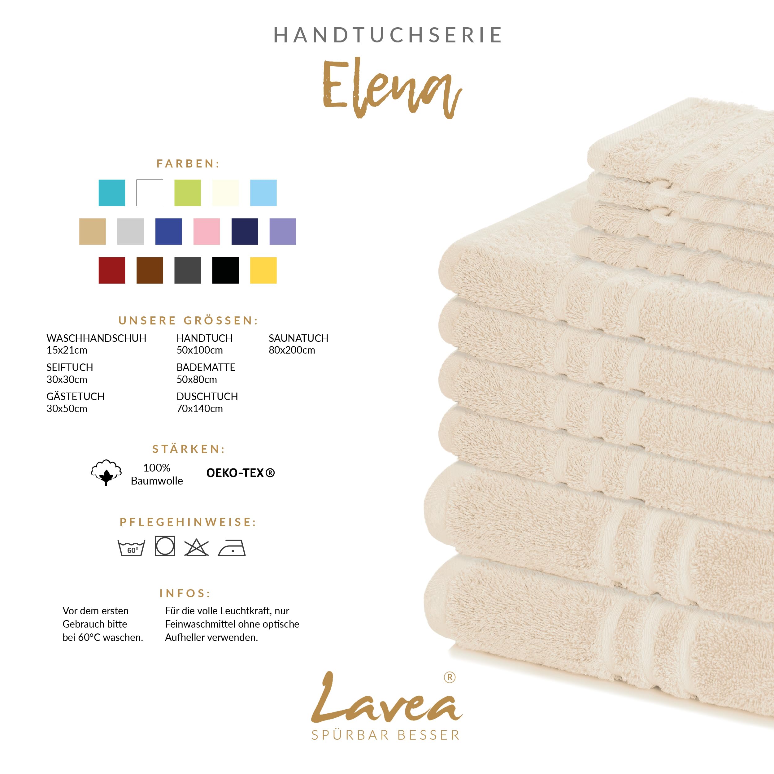 Lavea® 4er Set Handtücher 50x100 cm, Elena Frottiererie, 100% Baumwolle, Frottier Badetuch, saugstark und weich, Sporthandtuch, 60°C waschbar, trocknergeeignet, Handtuch Set, Frottee, Creme 3