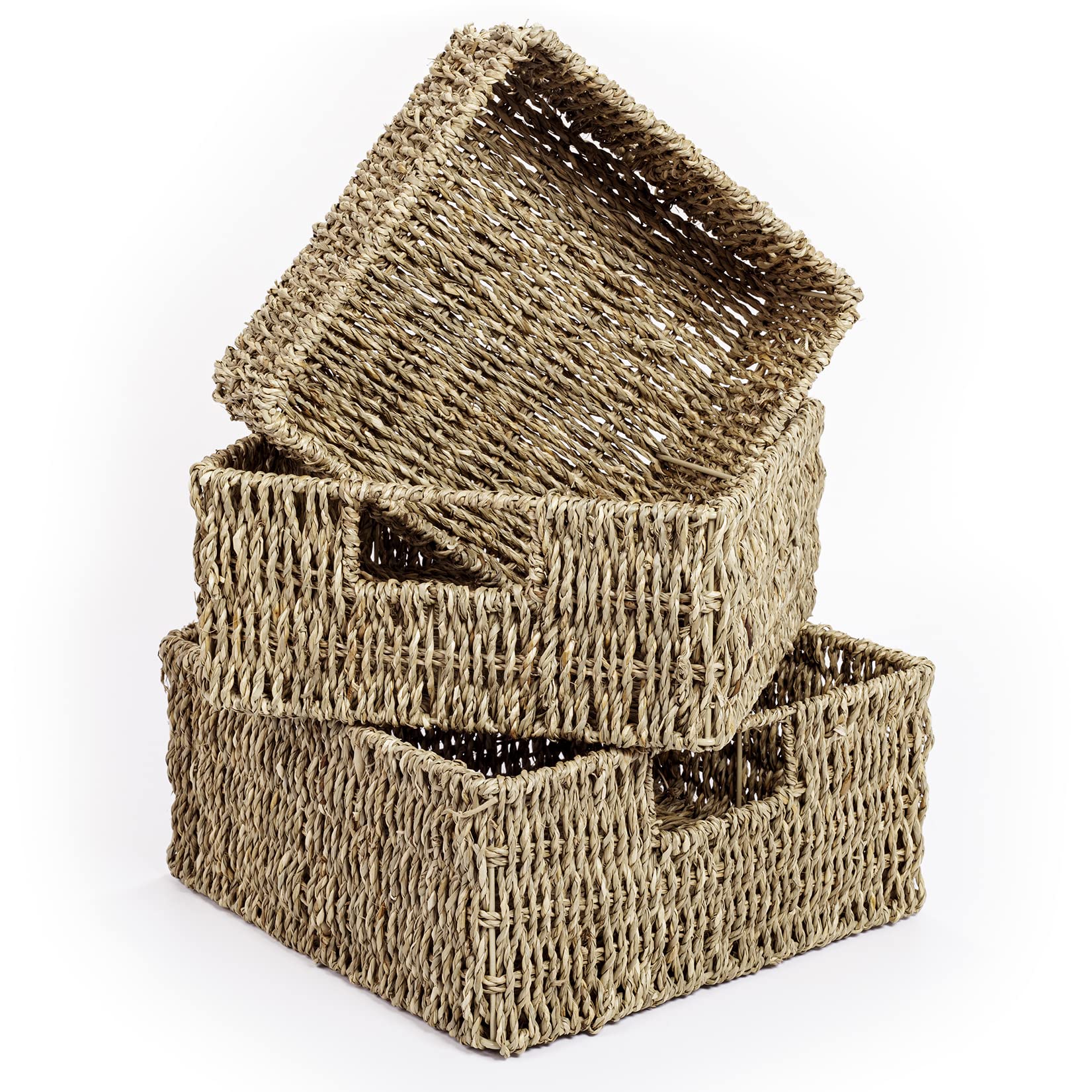 Woodluv Seagrass Storage Baskets Set of 3, Seagrass Baskets for Shelves, Hand-Woven Seagrass Storage Boxes, Display Hamper Basket, Storage Organiser for Bedroom Bathroom Home or Office