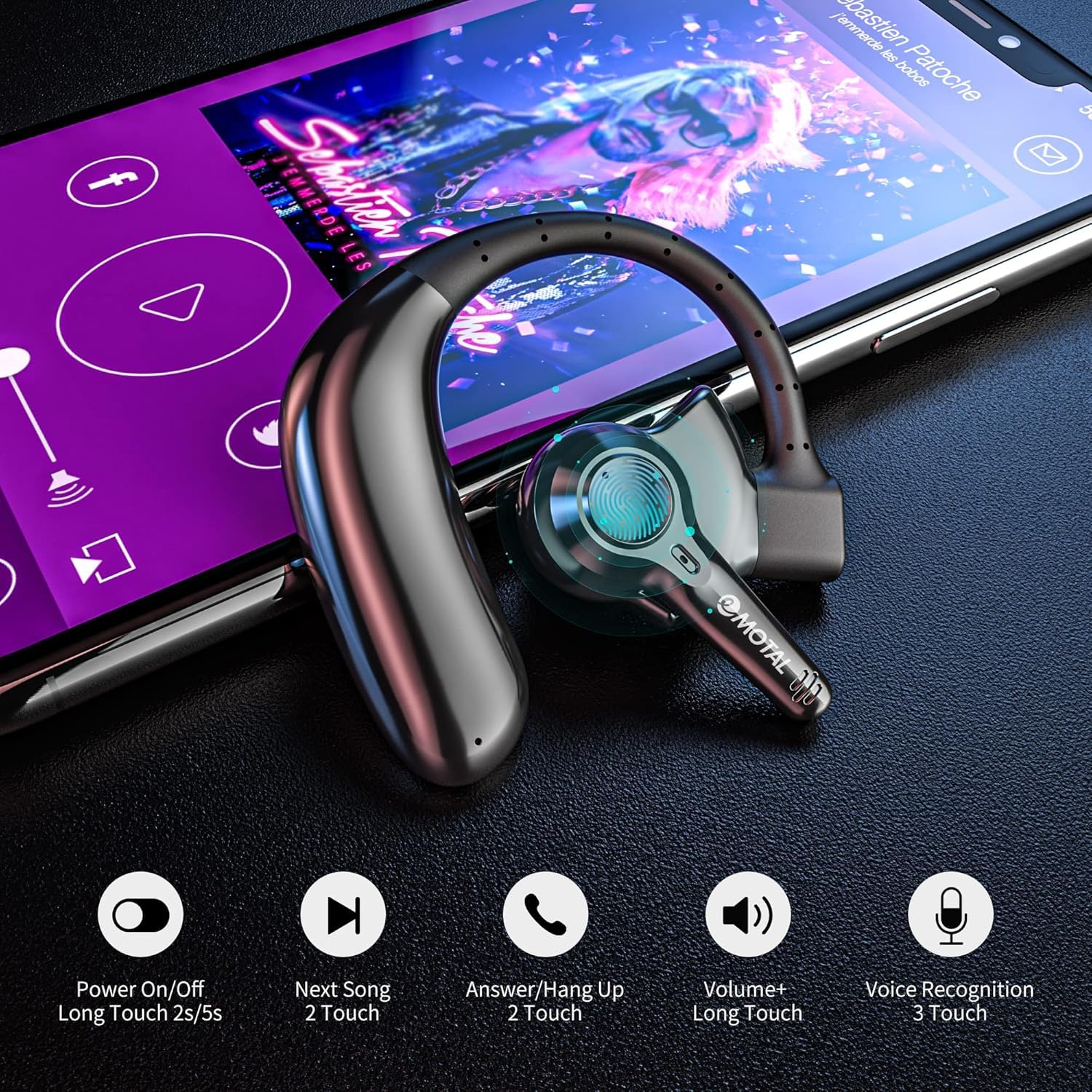 emotal Dual-Mic AI Noise Cancelling Bluetooth Headset for Cell Phones, 10 Days Standby 30Hrs HD Talktime Bluetooth Earpiece IPX6 Waterproof Ultralight for Driving/Truckers/Business, Black