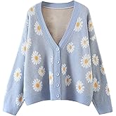 Women Y2K Floral Print Knit Cardigan Sweater Long Sleeve V Neck Button Down Sweater Vintage Aesthetic 90s Outerwear Tops