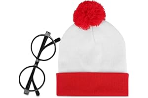 Fvviia Winter Beanie Hat Adult Knit Hat Pom Pom Beanie Hats and Glasses, Adult Woman Striped Cosplay Costume Party Props