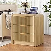 Decofy Fluted Nightstand with Fast Charging Station, 19.7" Wide Side Table with 3 Large Drawers, Modern Bedroom Nightstand with Gold Handles & Rounded Corners for Bedroom or Living Room, Oak