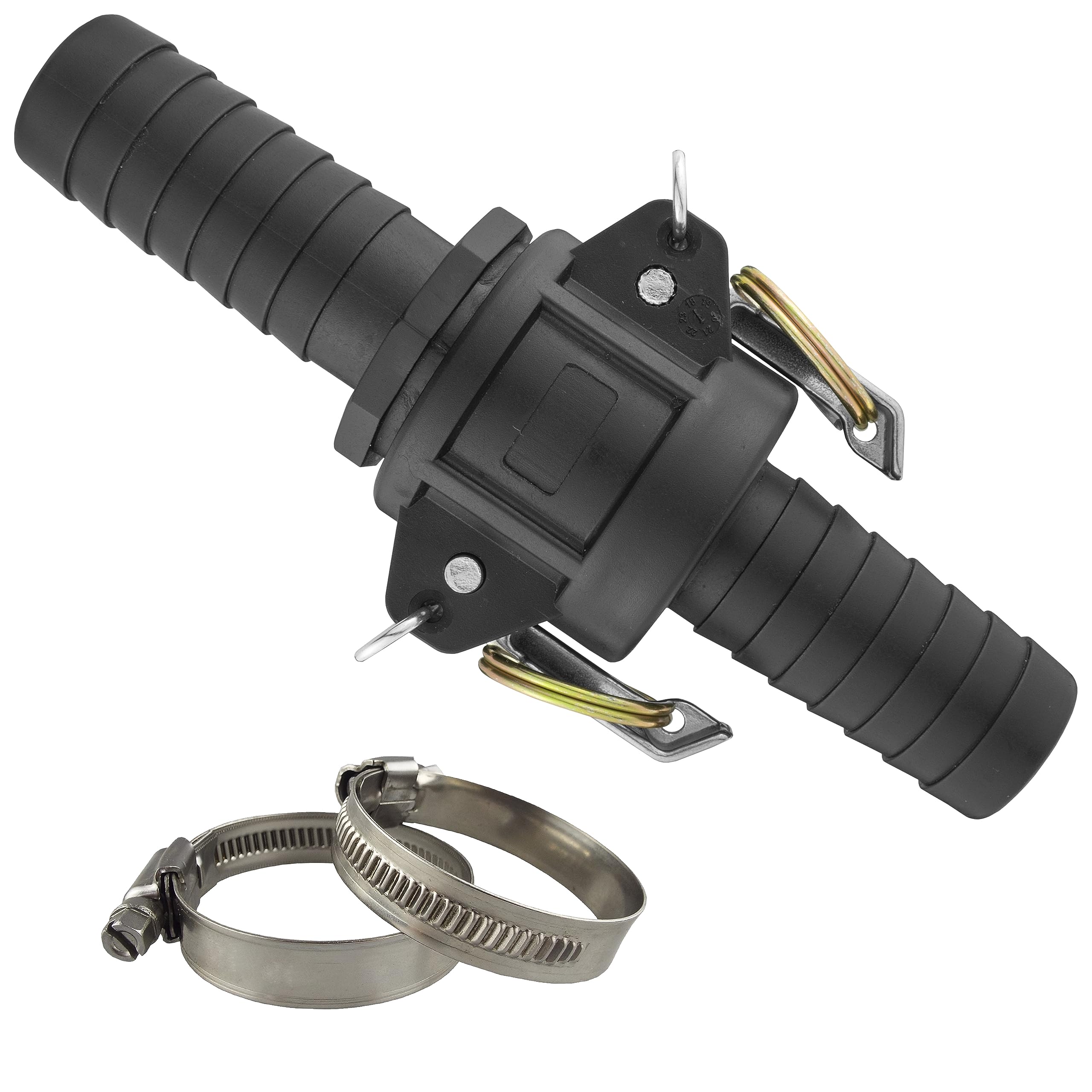 Camlock Hose Joining Fitting Cam & Groove Kit with 2X A2 Stainless Steel Jubilee Style Clips, Type E + C Coupling, Lay Flat Backwash Discharge Drainage Water Extraction, in Line Hose Repair (1/2”)
