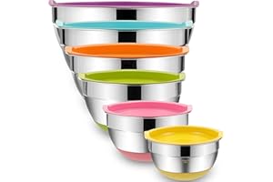 Umite Chef Mixing Bowls with Airtight Lids, 6 Piece Stainless Steel Metal Bowls, Measurement Marks & Colorful Non-Slip Bottoms Size 7, 3.5, 2.5, 2.0,1.5, 1QT, Great for Mixing & Serving