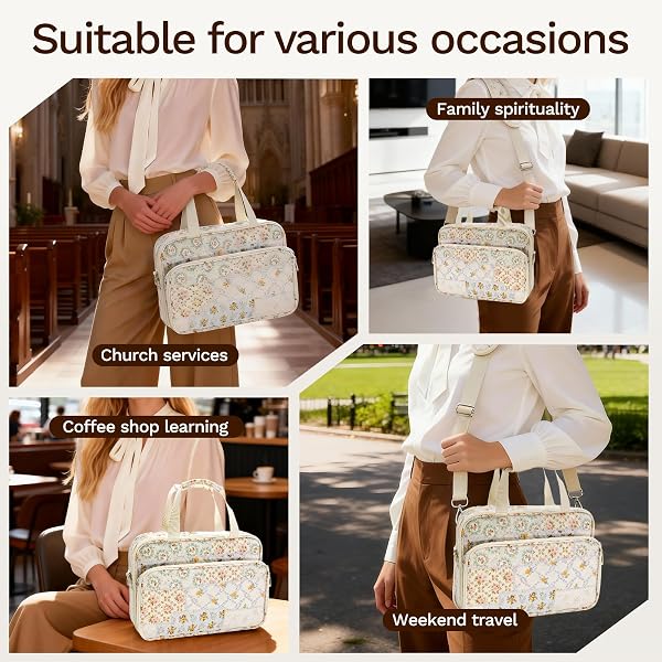 LARGE BIBLE BAG WITH BUILT-IN BIBLE COVER CASE FOR WOMEN, QUILTED CHURCH BAG FOR BIBLE STUDY SUPPLIES, ALL-IN-ONE BIBLE CARRYING CASE ORGANIZER FITS 11″ TABLET, GIFTS FOR CHRISTIAN WOMEN