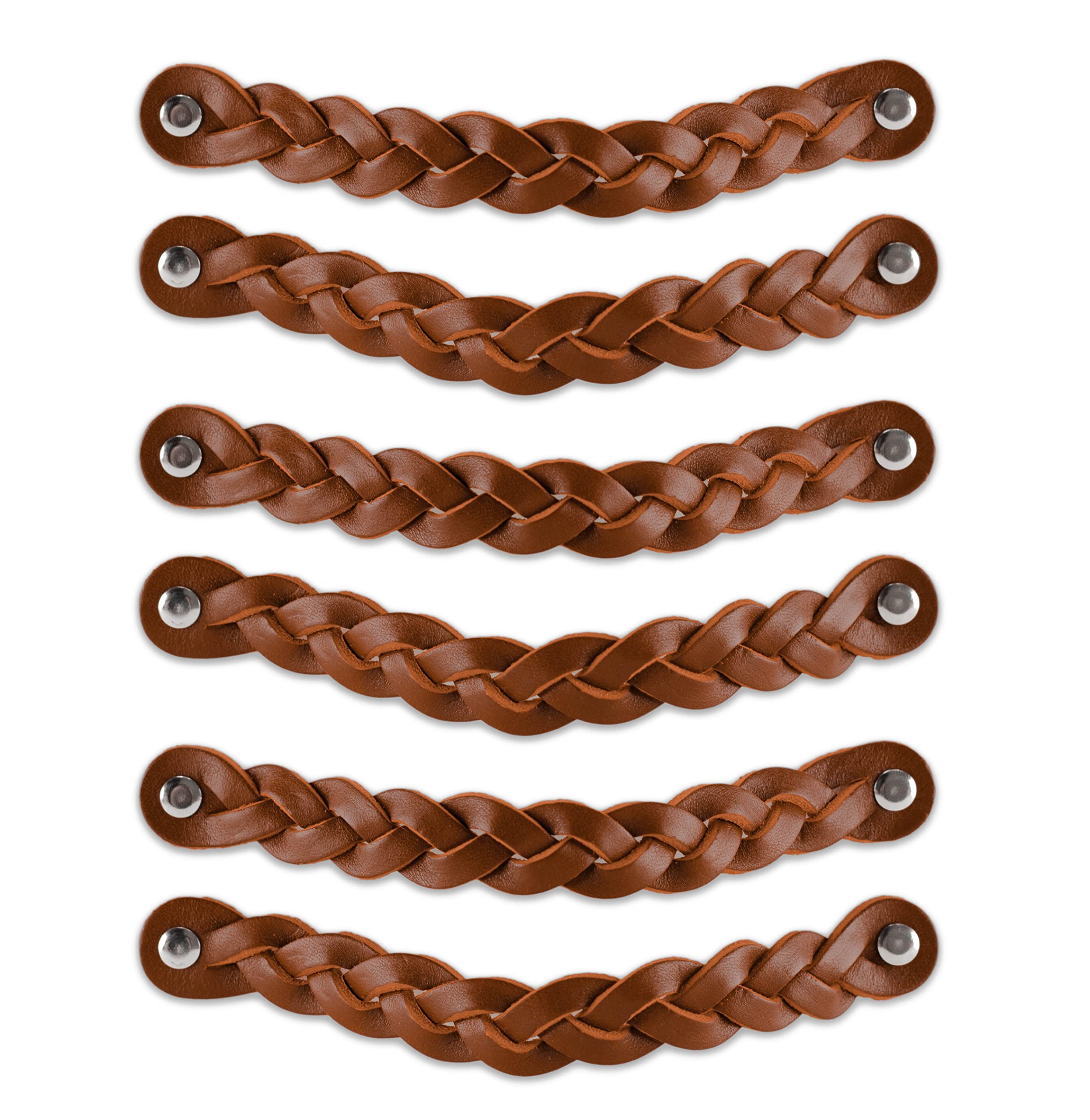 Brute Strength - Leather Handles for Furniture - Braided - Cognac - 6 pcs - 20 x 2,5 cm - Cabinet Handle, Door Handle for Kitchen, Bathroom, cabinets, Dresser, Wood