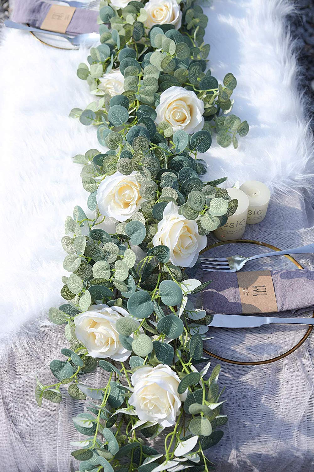 Hzaming Artificial Eucalyptus Garland With Champagne Roses Greenery Garland Eucalyptus Leaves Wedding Backdrop Wall Decor Eucalyptus Garland With Red Roses Home Kitchen Artificial Flowers