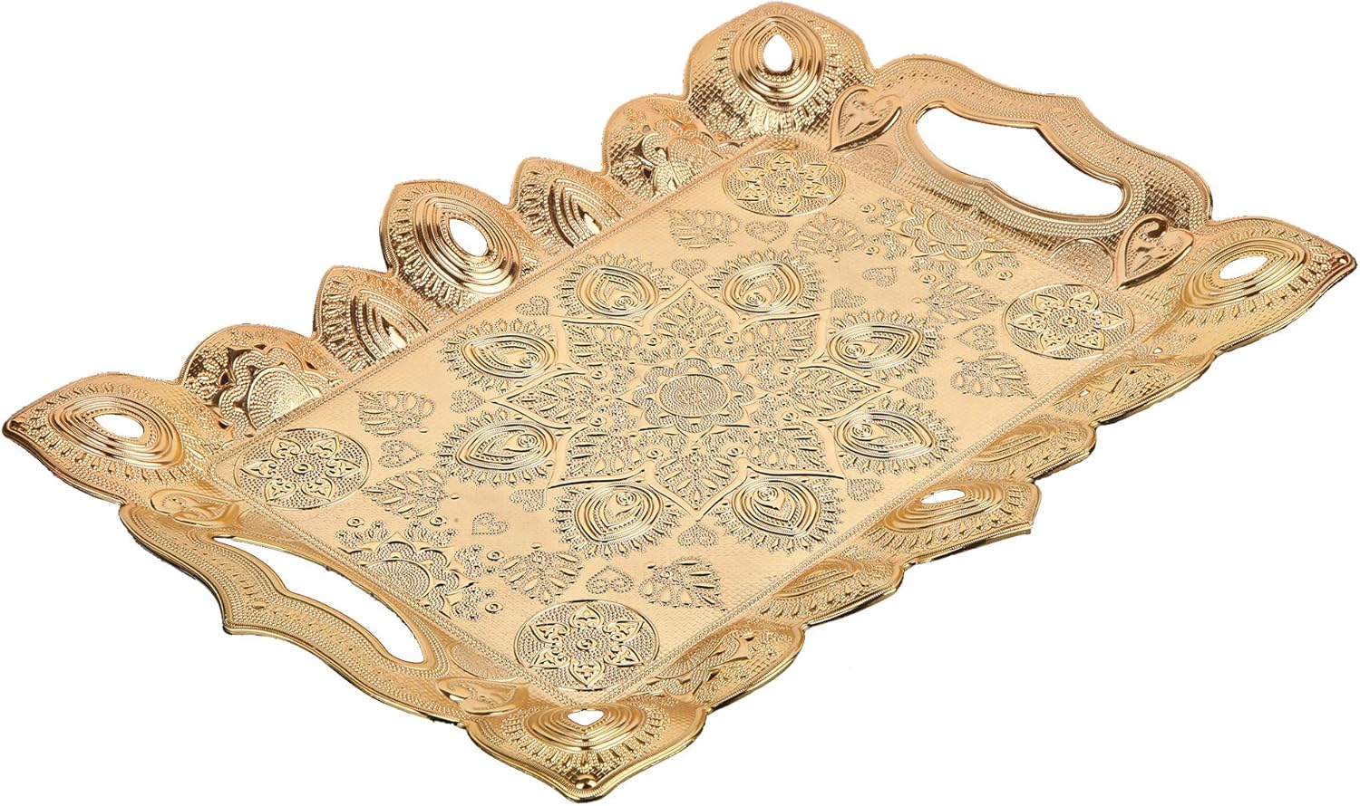 Luxury Gold Serving Tray 16x11.5 Rectangular Decorative Golden Trays Serving, Metal Tray Coffee Table Tea Dessert, Rectangle Ottoman Tray with Handles Dinner, Kitchen Tv Rolling Perfume Large Tray