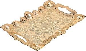 Luxury Gold Serving Tray 16x11.5 Rectangular Decorative Golden Trays Serving, Metal Tray Coffee Table Tea Dessert, Rectangle Ottoman Tray with Handles Dinner, Kitchen Tv Rolling Perfume Large Tray