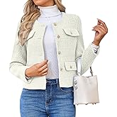 HUEOBIR Women's Tweed Blazers Jackets Casual Long Sleeve Button Down Business Short Casual Cropped Coats