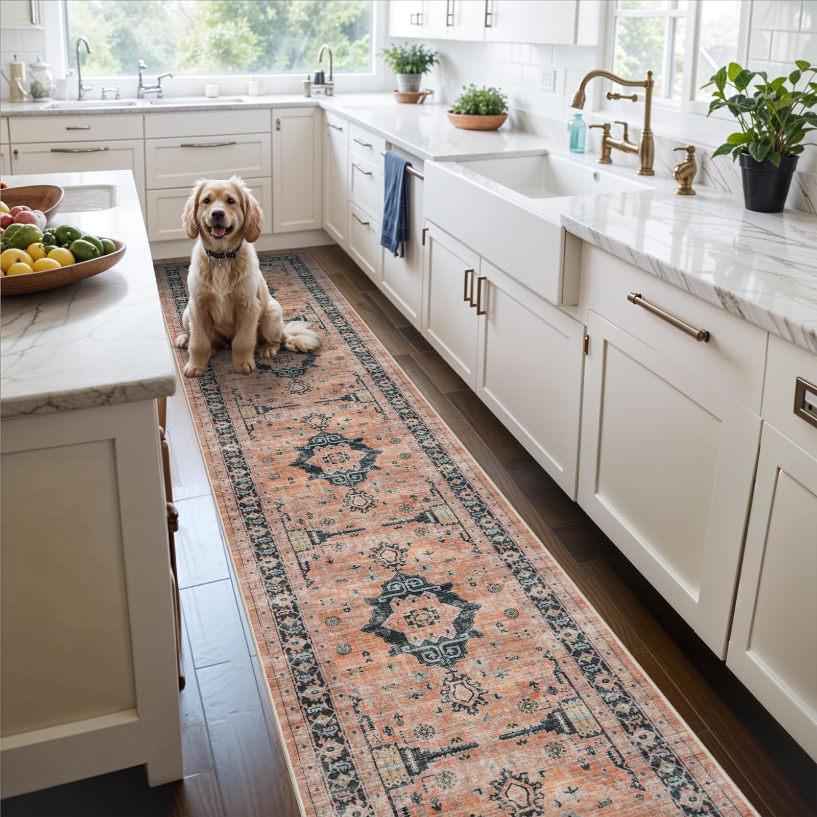 Hallway Washable Runner Rug - 2'6x14 Kitchen Rugs Entryway Rug Runner Vintage Soft Floor Mat Non Slip Indoor Farmhouse Carpet for Bathroom Living Room Bedroom (2'6''x14', Orange) Image