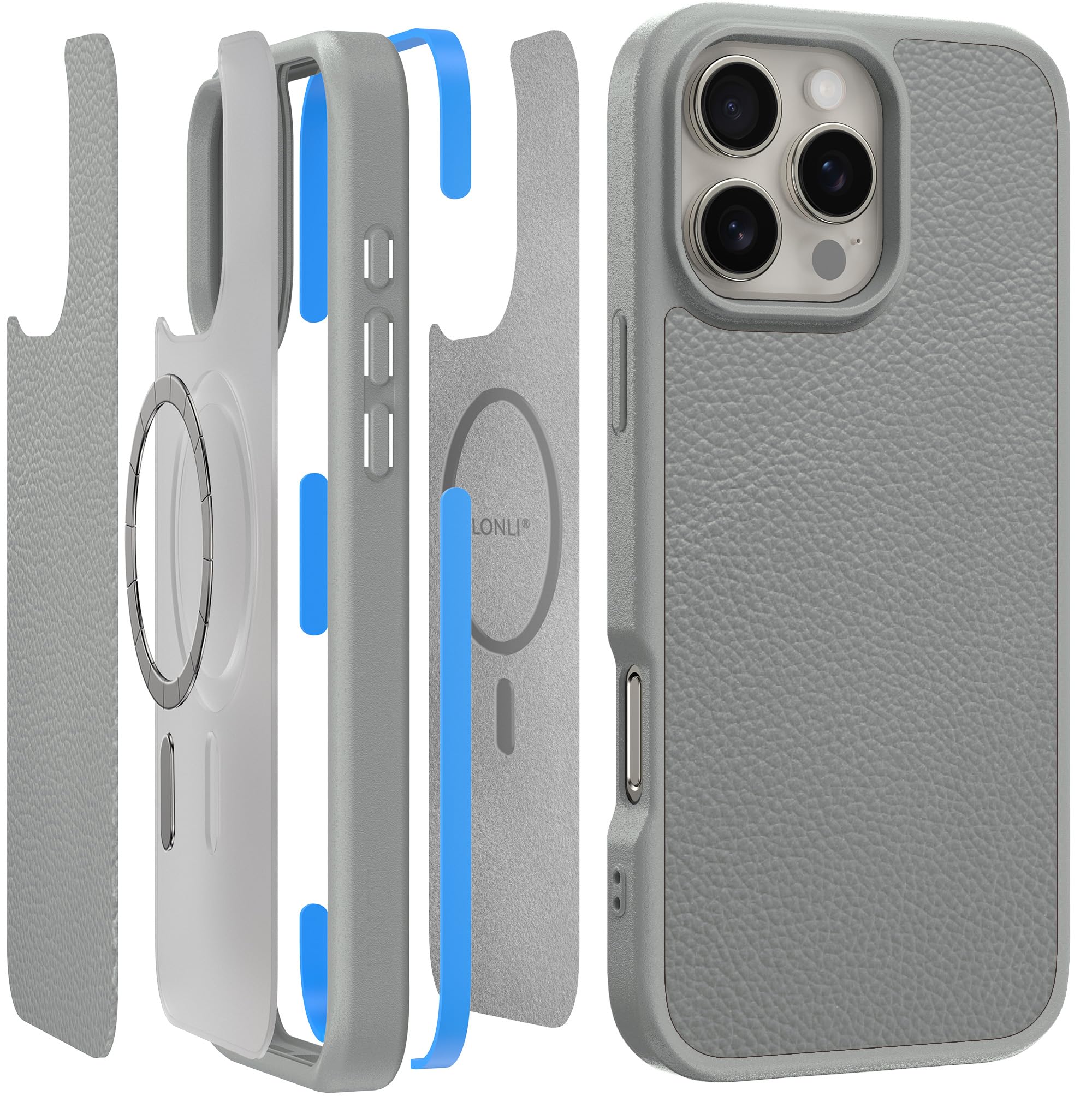 LONLI 2.0 - for iPhone 16 Pro Max Case - The Toughest Leather Magnetic Protective Phone Cover- [360° Shock-Absorbent Bumper and Inner TPE Frame] - [Compatible with Magsafe] - Moon Mist Leather