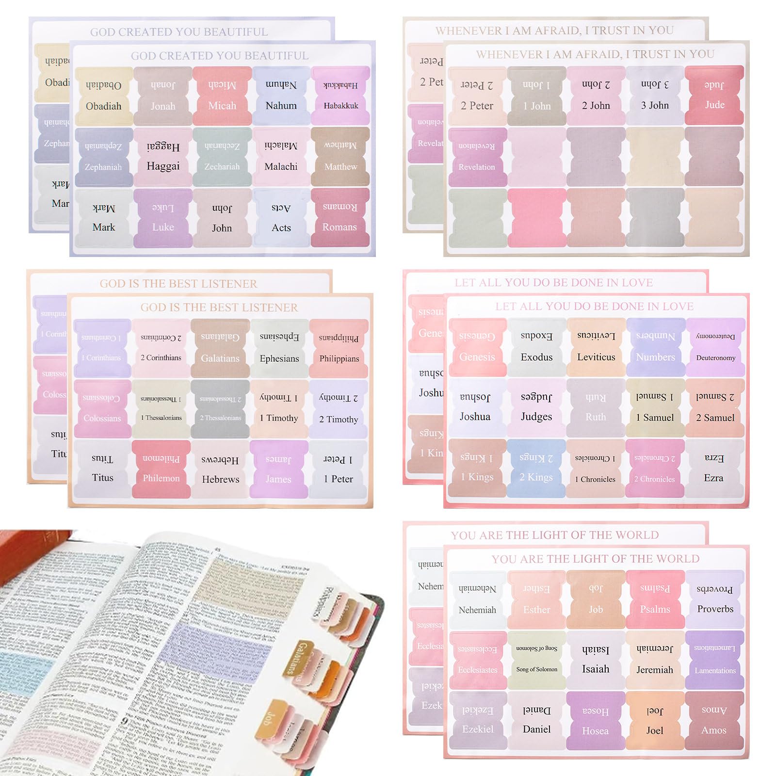 URROMA Laminated Bible Tabs Set with 6 Pastel Highlighters, Colored Bible Tabs for Easy Navigation Bible Index Tabs Bible Study Supplies Tool for Women&Men (Including 9 Blank Labels)