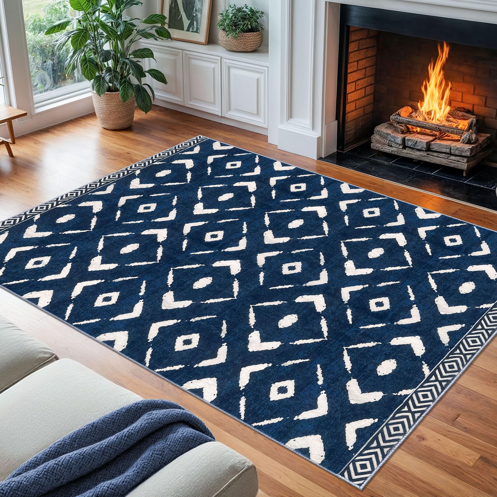 Photo 1 of  Living Room Rug 8x10 Area Rug Printed Boho Washable Bedroom Rugs Non Slip Soft Large Moroccan Rubber Backed Indoor Rugs for Dining Room Office Farmhouse Geometric Carpet, Blue