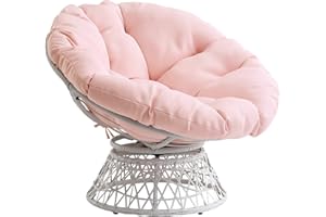 OSP Home Furnishings Wicker Papasan Chair with 360-Degree Swivel, Cream Frame with Pink Cushion