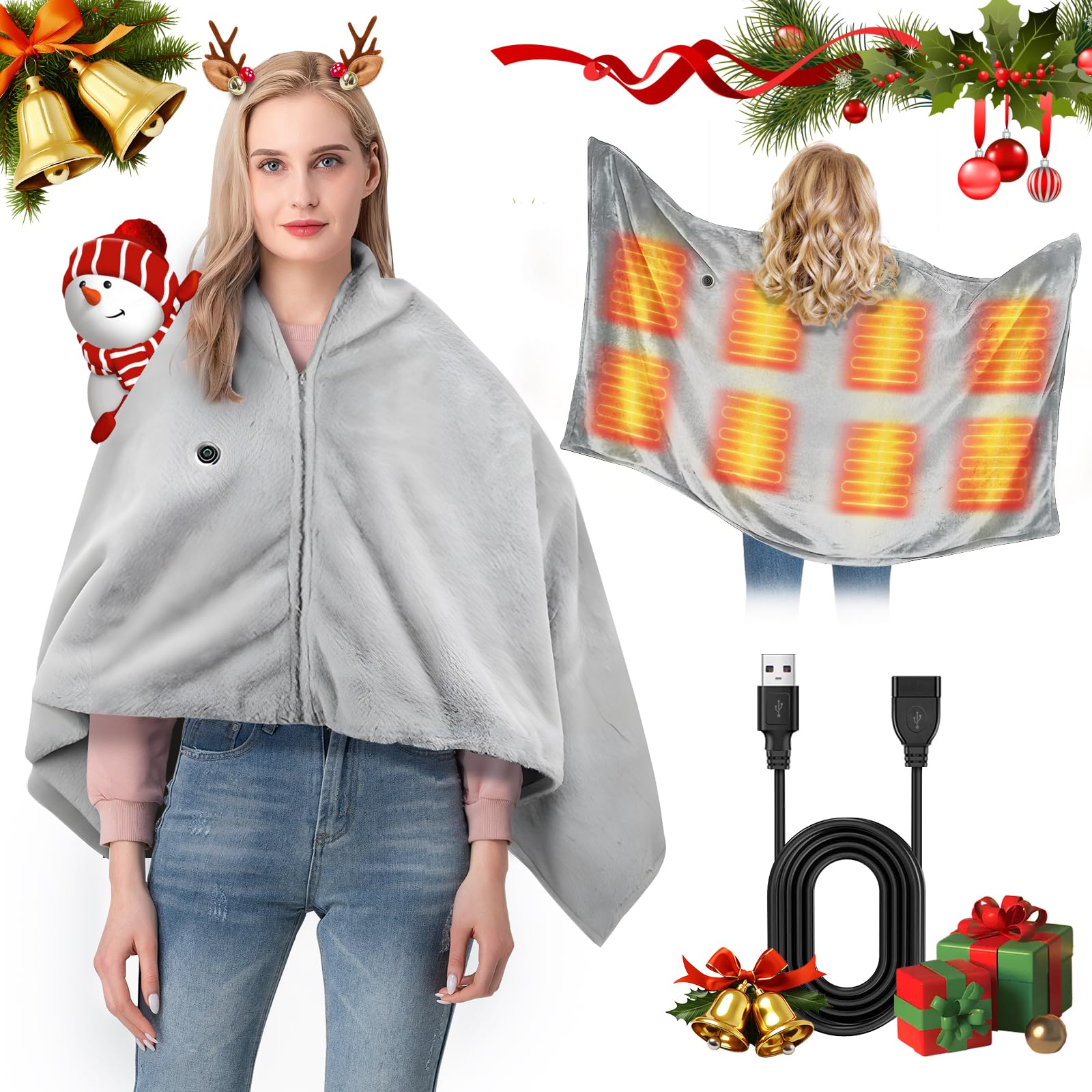 Photo 1 of *Damaged item/ Doesn't get hot* USB Electric Heated Shawl,Portable Cordless Heated Throw Blanket,3 Heat Settings,Heated Shawl Poncho Wrap Blanket with Zipper,for Outdoor,Car,Travel,Camping,Machine Washable(Battery Not Included)