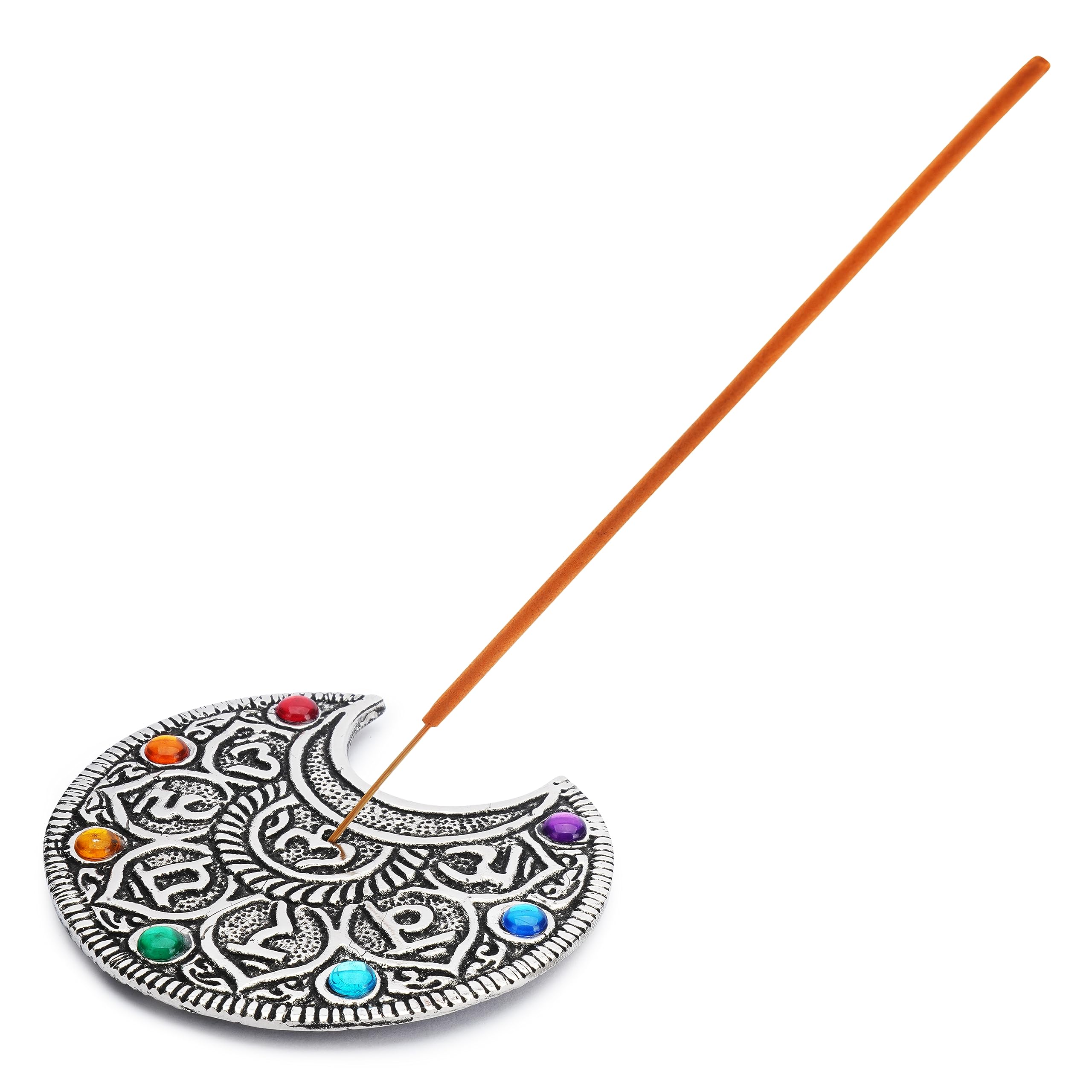 Ajuny Aluminum Round Moon Incense Stick Holder Burner with Ash Catcher, Tibetan Flower Design Silver Incense Holder for Sticks, Meditation Yoga Spiritual Home Decor Gift, 10 cm