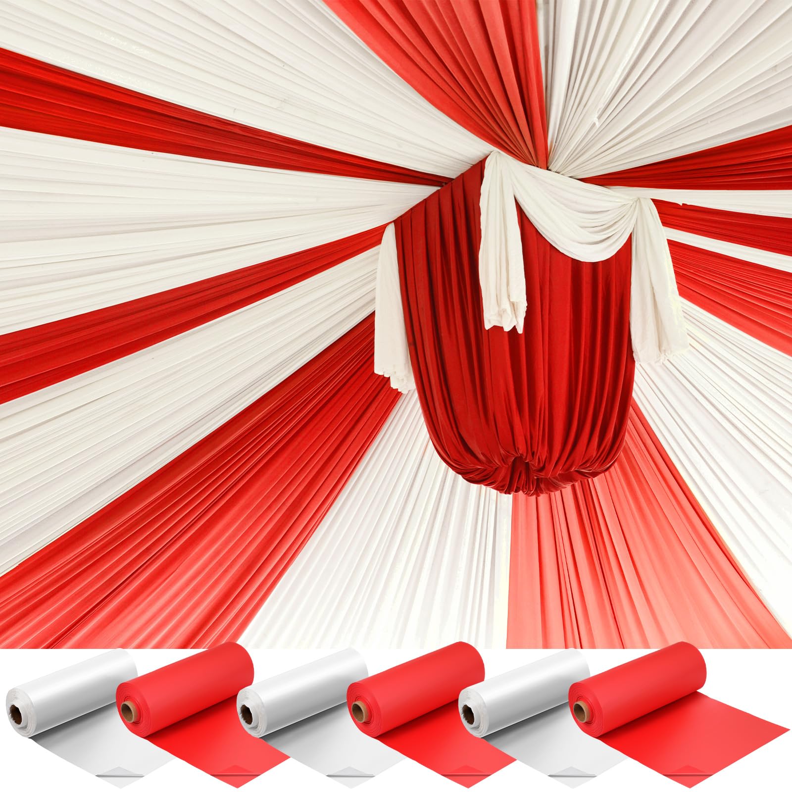 Photo 1 of Moukeren 40'' x 100' Circus Tablecloth Roll Plastic Tablecloth Disposable DIY Carnival Tent Party Supplies for Big Top Tent Backdrop Curtains Ceiling Wall Drapes(White, Red,6 Roll)