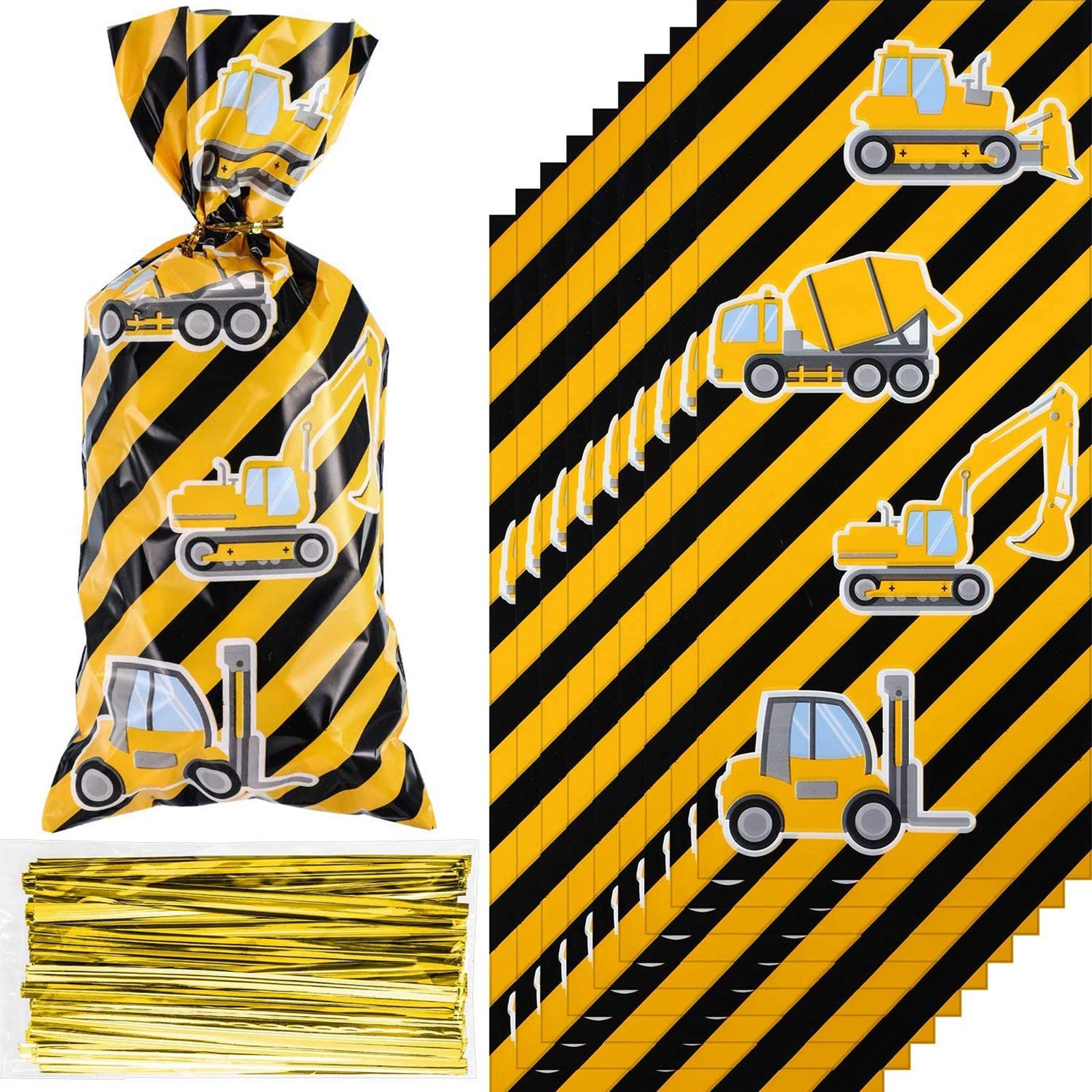 100 Pieces Construction Theme Cellophane Bags, Construction Theme Goodie Favor Bags, Truck Themed Candy Treat Bags Gift Bags with 100 Pieces Golden Twist Ties for Kids Boys Party Supplies Decorations