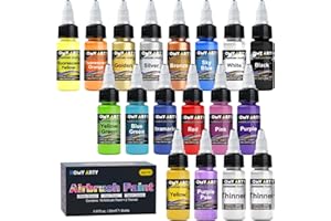 HOMY ARTY Airbrush Paint - 16 Colors with 2 Thinner, Ready to Spray, Water-Based, Acrylic Air Brush Paints for Metal, Plastic Models, Canvas, Wood, 20ml/Bottle