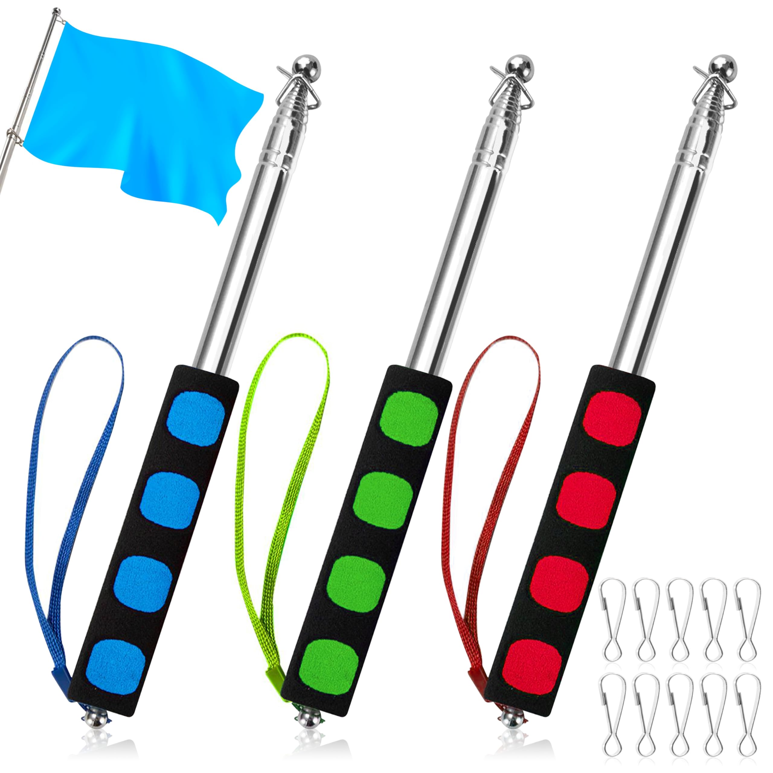 Heveer Telescopic Flag Pole 3pcs 1 M Stainless Steel Handheld Flag Pole Portable Extendable Flag Pole with 10 Pieces Flag Pole Clips for Teacher Tour Guide